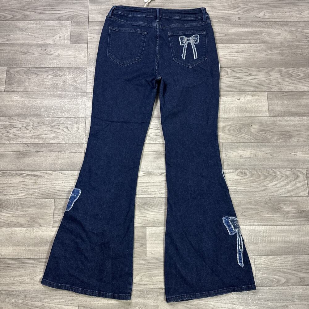 DRIFTWOOD Farrah Flare Denim Jeans Bow Patchwork Applique Dark Wash sz 29 - Picture 7 of 8